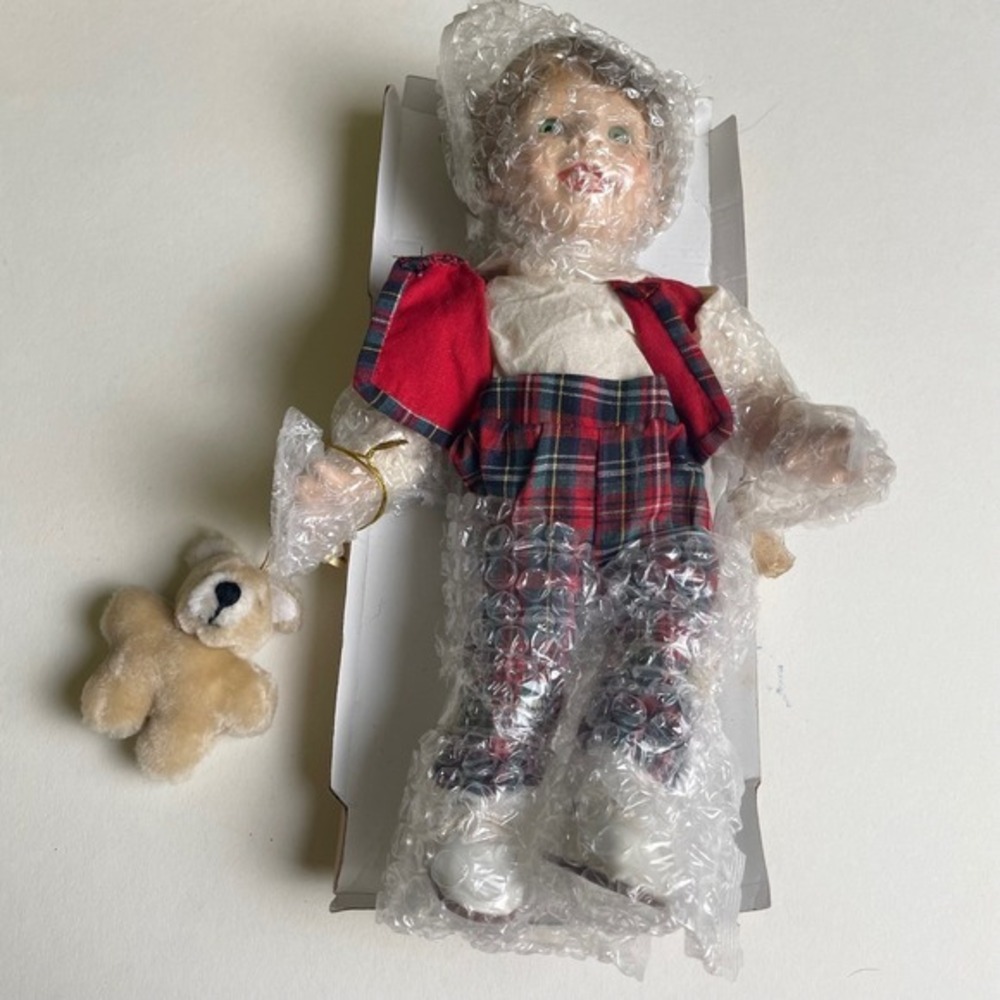 Collectible Porcelain Doll Boy Plaid Outfit‎ Teddy Bear Ornament New